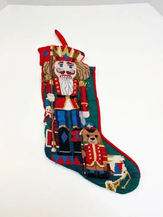 Vintage Needlepoint Wool Christmas Stocking Nutcracker Teddy Bear 3D