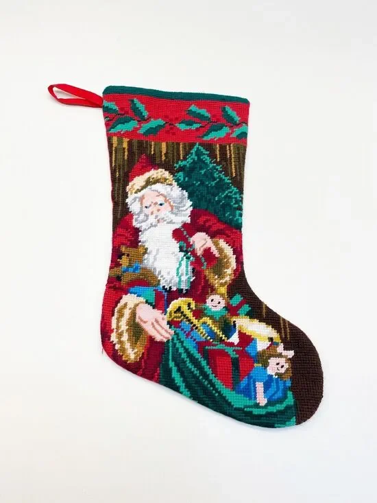 Vintage Needlepoint Wool Christmas Stocking Santa Bag of Toys