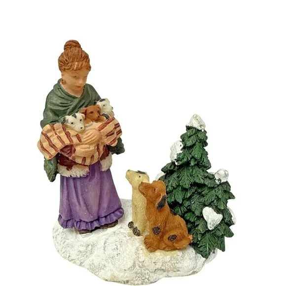 Christmas Village Figurine Woman Dogs And Puppies By Rite Aid
