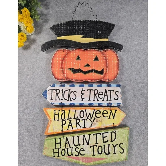 Vintage Y2K Halloween Wall Sign Large Rustic Pumpkin Decor Cottagecore Chic