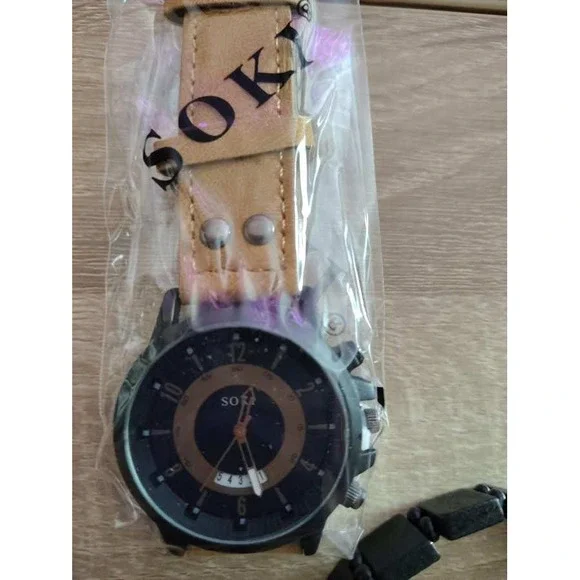 Soki Mens Analog Watch Black Face‎ Tan Leather Strap New In Packaging