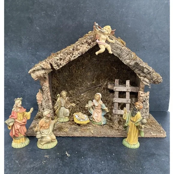 Vintage Italian Musical Nativity Set 8pc Wood Cork Stable Silent Night Italy
