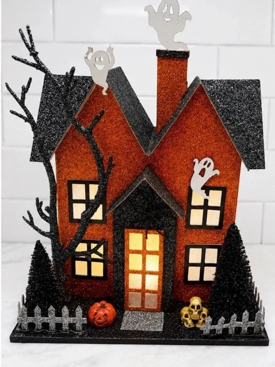 Bella Lux Halloween Putz Style Orange Glitter LED Halloween Ghost House NWT