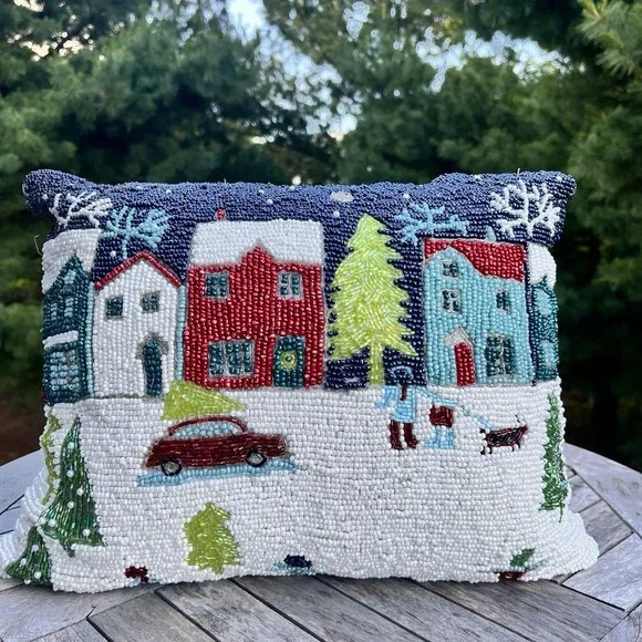 Cherish Tradition Beaded Christmas Village Throw Pillow Cover Zipper Back 15x11