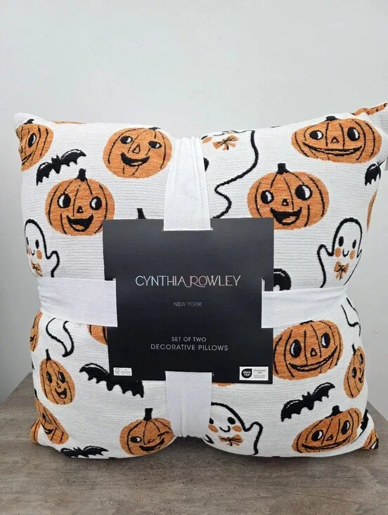Cynthia Rowley Retro Halloween Pumpkin Ghost Bat Set of 2 Decorative Pillows NWT