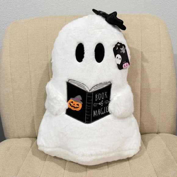 NEW Ghost Reading Book Fur Plush Pillow Halloween Book of Magic Bat Bow Decor