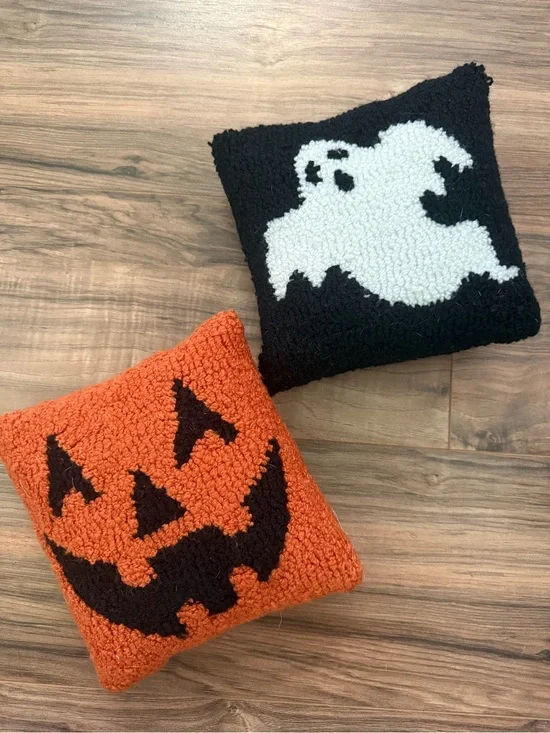 Mini Halloween Needlepoint Jack-O'-Lantern and Ghost Throw Pillow Set