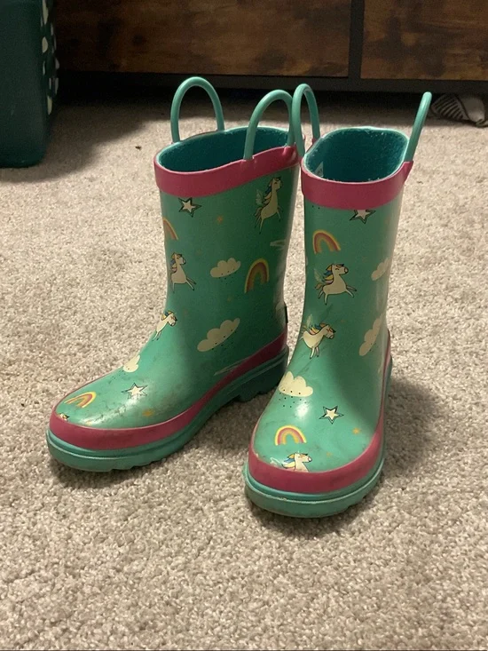 Kids Unicorn Rain Boots in Teal with Pink Trim