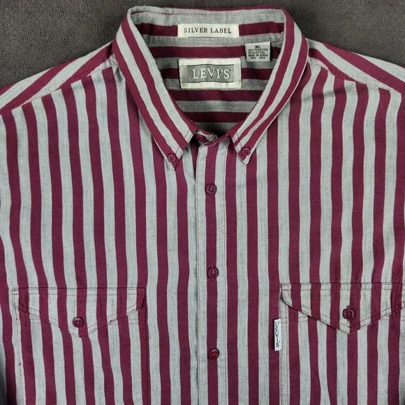 Vintage‎ Levis Silver Label Shirt Mens XL Burgundy Gray Striped Button Up Big E