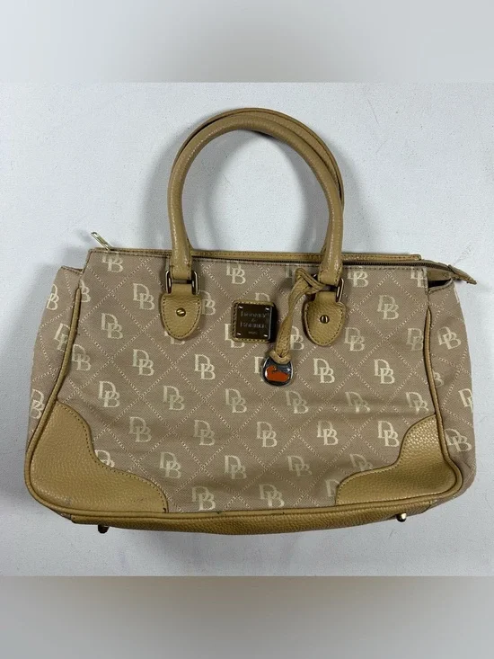 Dooney & Bourke Beige Brown Signature Monogram Canvas Leather Tote Handbag Duck