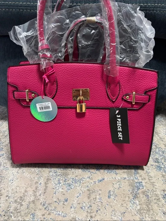Structured Pink Satchel Handbag with Gold Lock Detail