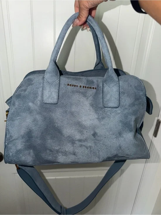 Poppy & Peonies Mini Uptown Suede Top-Handle Satchel in Dusty Blue