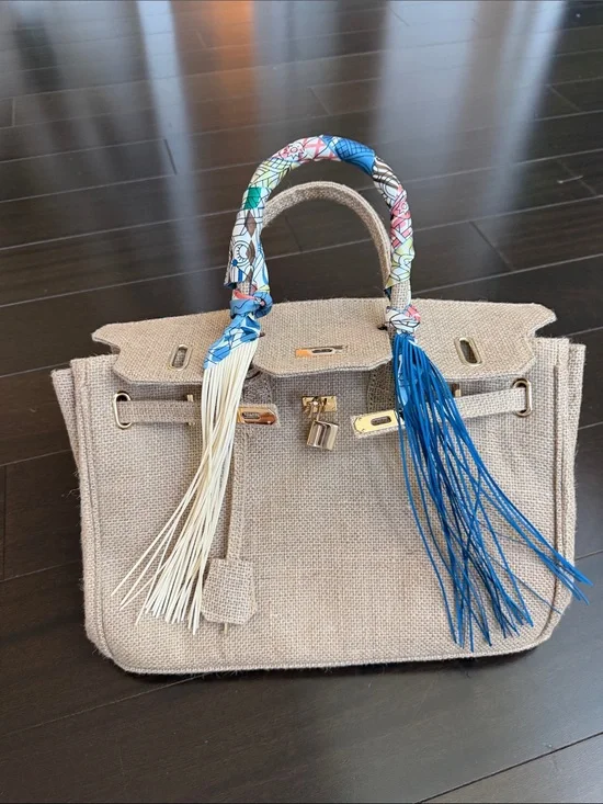 Amazon Natural Linen Satchel with Blue & Cream Tassels Medium