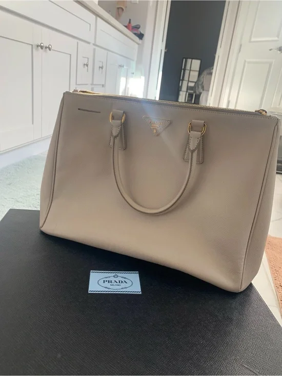 Prada Taupe Saffiano Leather Satchel with Gold Hardware