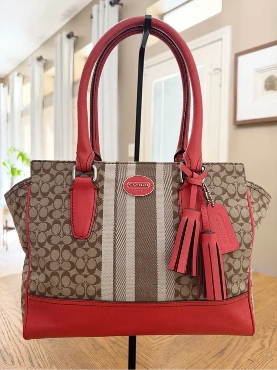 SOLD! Coach Legacy Signature Stripe Tote in Coral/Red and Brown
