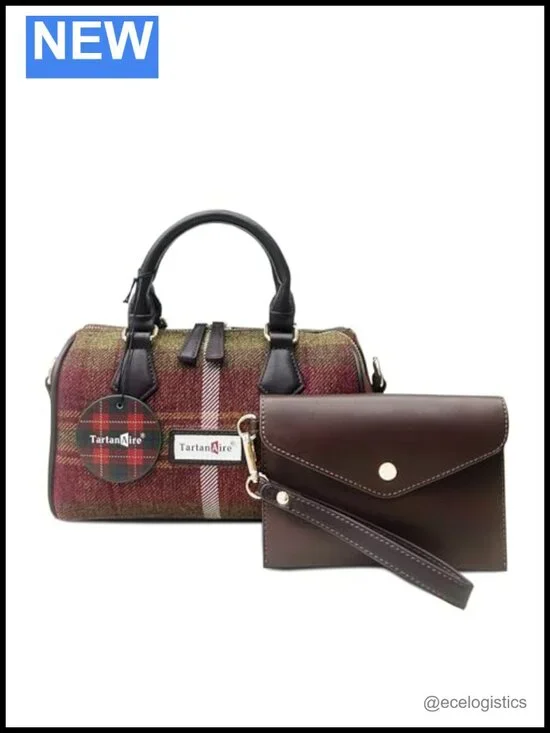 Women's Scottish Tartan Top-Handle Bag Satchel with Matching Leather Wallet