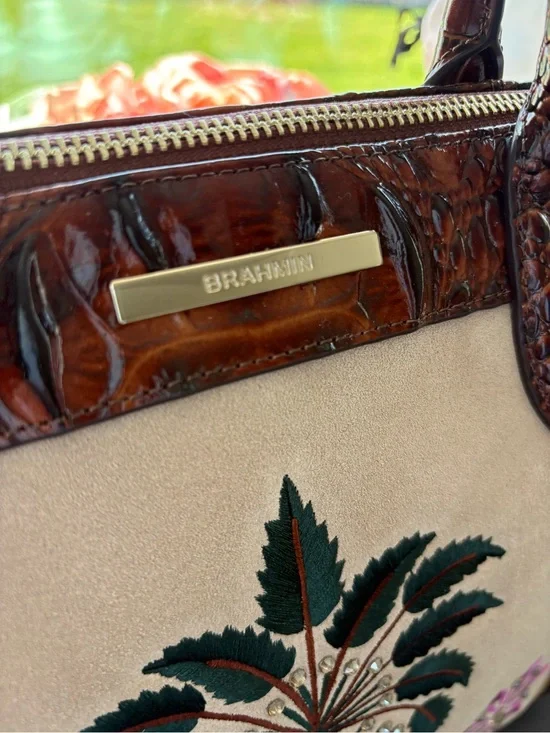 Brahmin Taupe Satchel with Brown Croc Trim and Green & Pink Embroidery