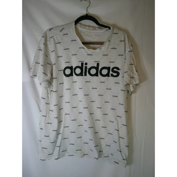 Distressed Rare Adidas Mens XL White All Over Print V-Neck T-Shirt Tee Short Sle