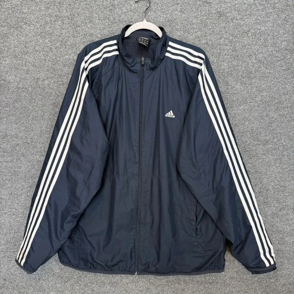 Adidas‎ Windbreaker Jacket Men Large Navy Blue Three Stripe Full Zip Up Y2K