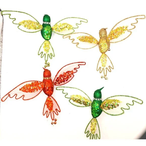 Clip On Bird Ornaments Hummingbirds Red Green Gold Glitter & Sequins Set Of 4