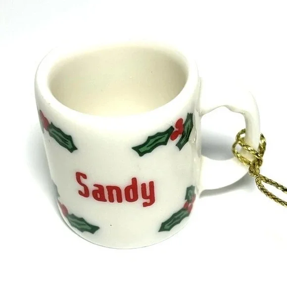 “SANDY” Miniature Ceramic Mug Coffee Cup Christmas Ornament Gift Tag Tie-on