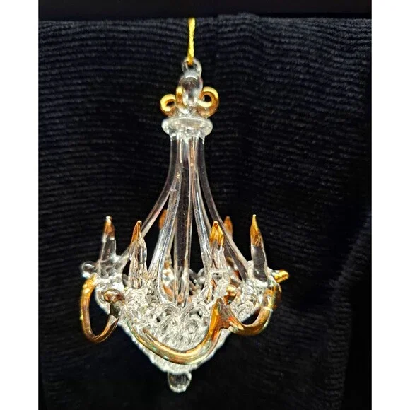 Vintage Spun Glass Chandelier Ornament Clear Gold Hanging Christmas 5