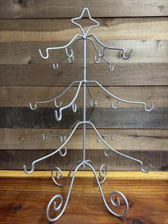 Silver Metal Ornament Tree 25” Tall Holds 24 Ornaments -b