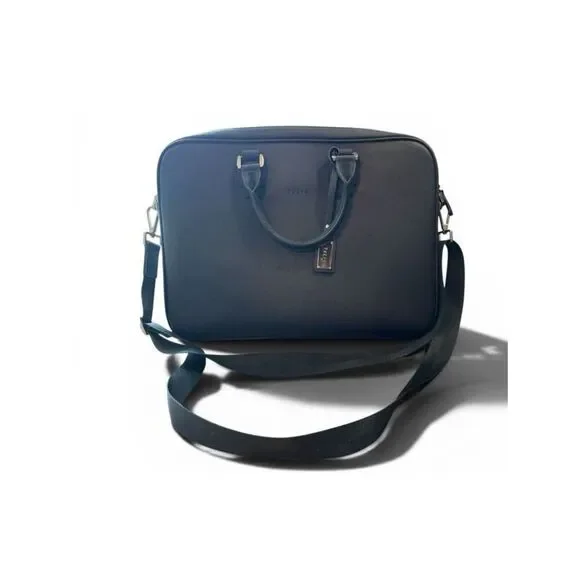PEDRO Navy Blue Leather Briefcase Shoulder Bag Computer Padded Travel NWT