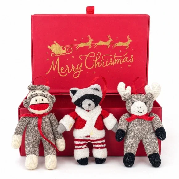 Midwest Cannon Falls Knit Christmas Ornaments Sock Monkey Moose Raccoon Lot of 3