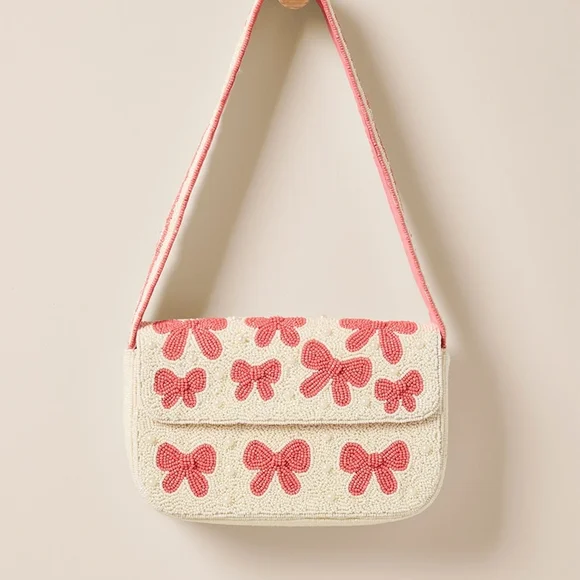 NWT Beaded Eva Bow Structured Shoulder Bag Pink White Francesca Button Clasp