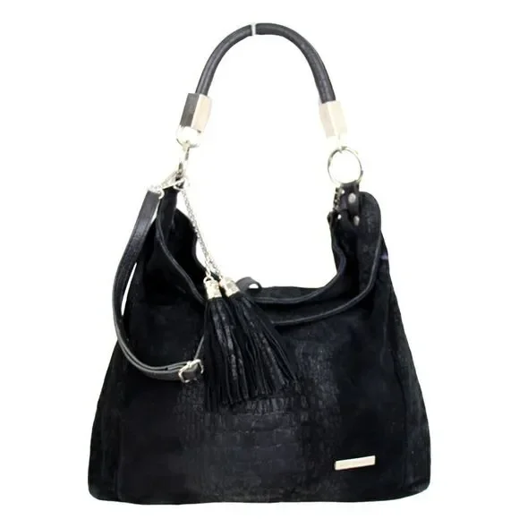 SOFIA CARDONI MADE IN ITALY BLACK SUEDE CROCO PRINT SHOULDER BAG HANDBAG HOBO
