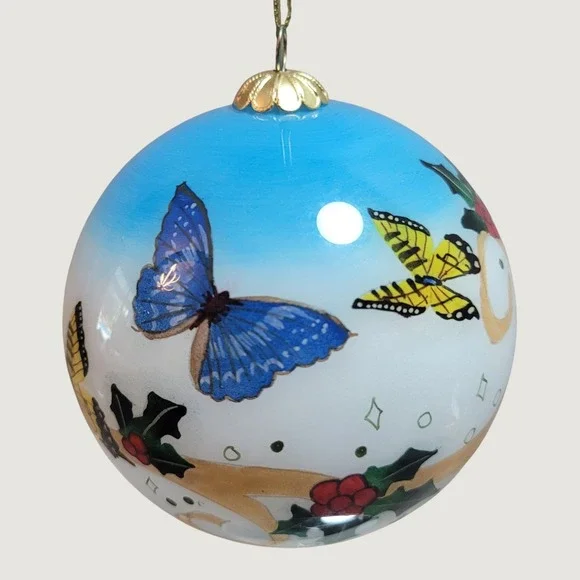 Li Bien Christmas Ornament Hope 2009 Hand Painted Glass Butterfly Holly Blue