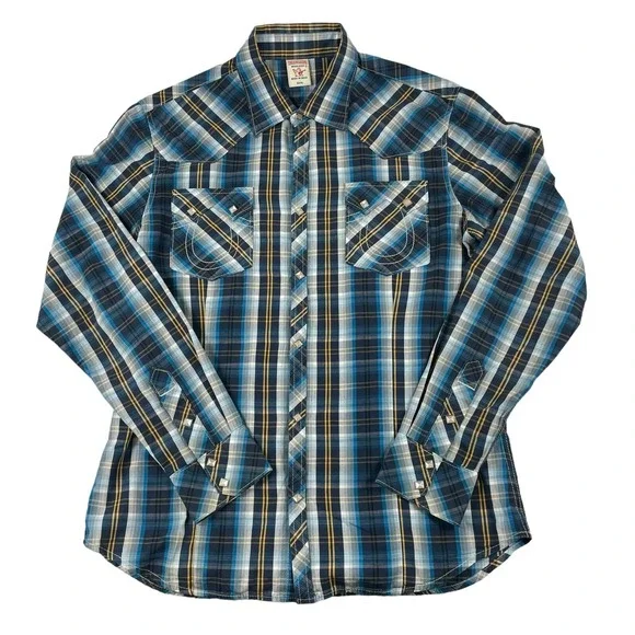 True Religion Blue White Yellow Checked Cotton Sawtooth Square Pearl Snap 3XL