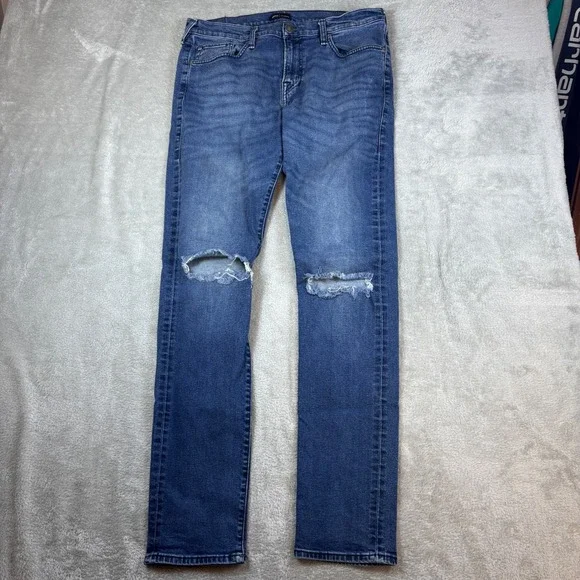 True Religion Jeans Mens 34 Rocco‎ Relaxed Skinny Blue Whiskered Faded Stretch
