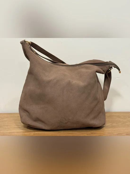 Taupe Suede Shoulder Bag with Soft Hobo Shape