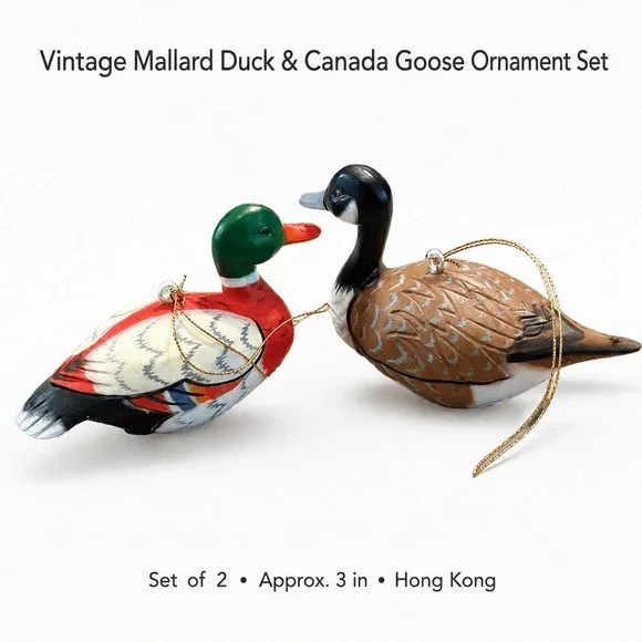 Vintage Mallard‎ Duck and Canada Goose Miniature Ornament Set Hong Kong 3 inch