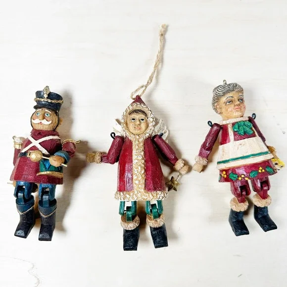 Christmas Jointed Resin Folk‎ Art Ornaments X3 Set Angel Drummer Mrs Claus VTG