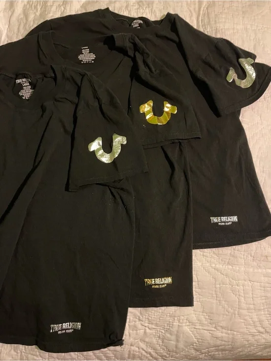 Lot Of 3 True Religion Logo Tees with Metallic Horseshoe 2 Silver 1 Gold - Large