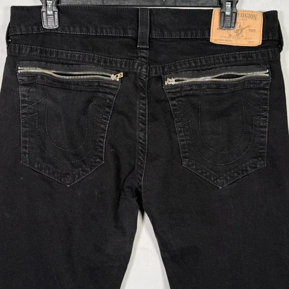 True‎ Religion Mens Slim Moto Zippers Black Biker Jeans MAXH208EL Size 38x33