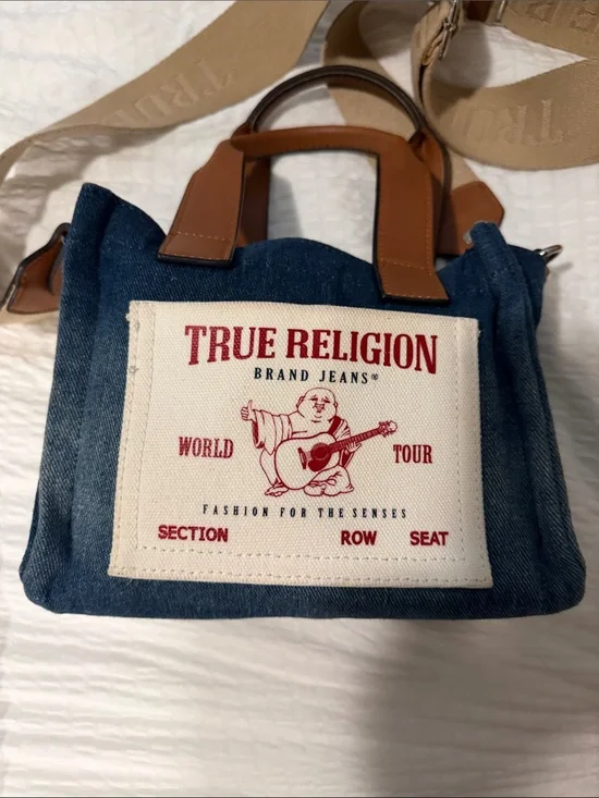 True Religion Denim Messenger Bag with Tan Leather Accents. Mini