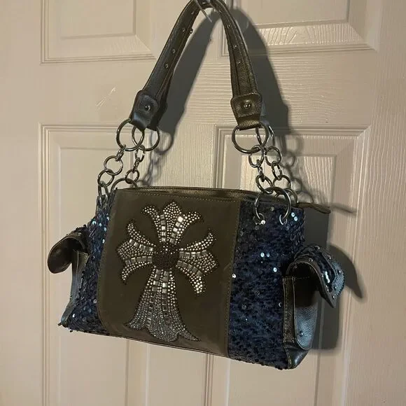 Stylish Blue &Silver Rhinestones cross embroidery & sequins metallic gray Bag