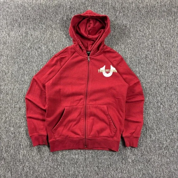 Y2K True Religion Heavyweight Horseshoe Logo Designer Zip Up Hoodie Red Medium