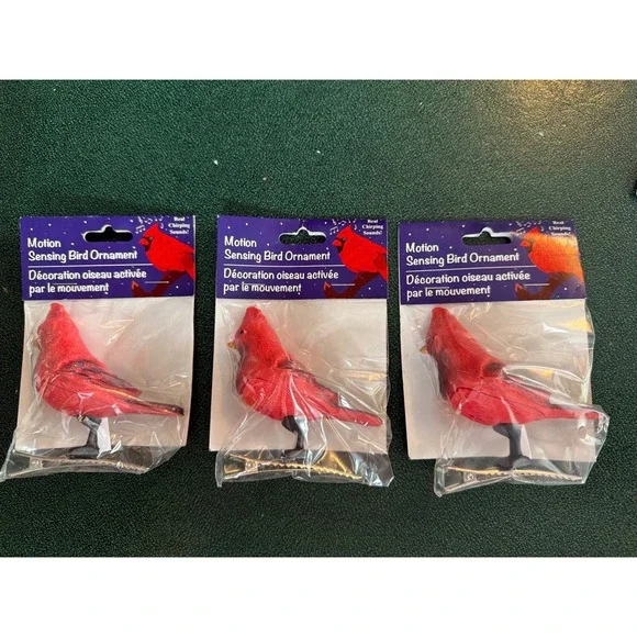 Set of 3 Motion Sensing Cardinal Bird Ornaments Real Chirping Sounds Red Clip On