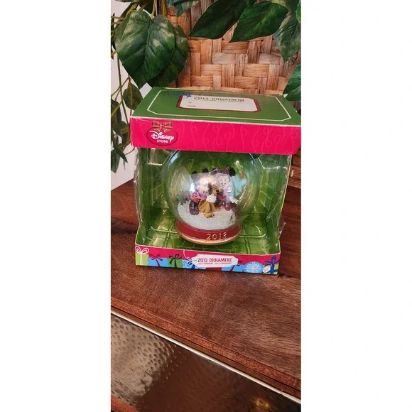 Disney‎ Store 2013 Mickey Minnie Pluto Glass Snow Globe Christmas Ornament NIB