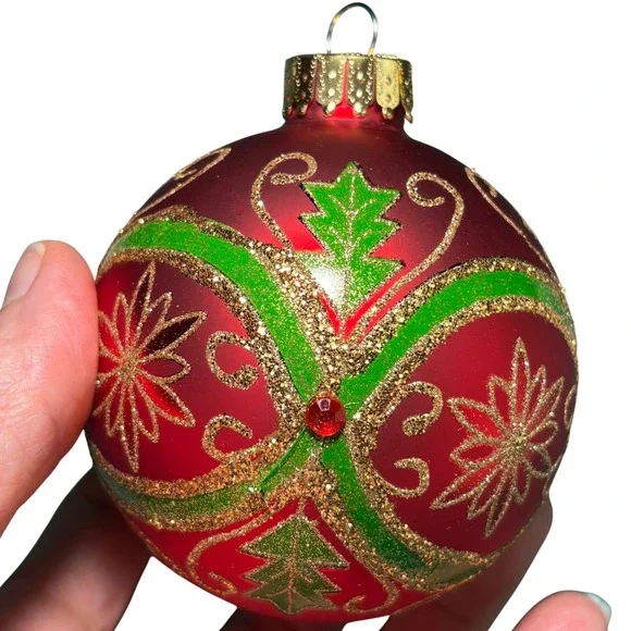 Christmas Ornament Red Vintage‎ Glass Holly Gold Glitter 4