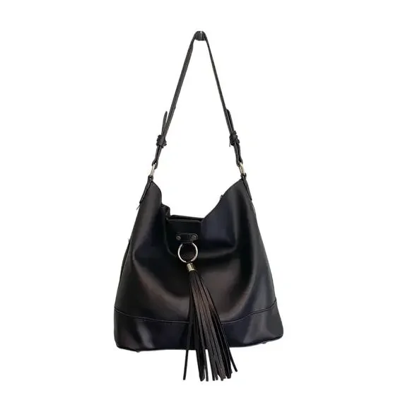 Lulu Dharma Womens Leather Tasseled Shoulder Handbag Bucket‎ Bag Black One Size