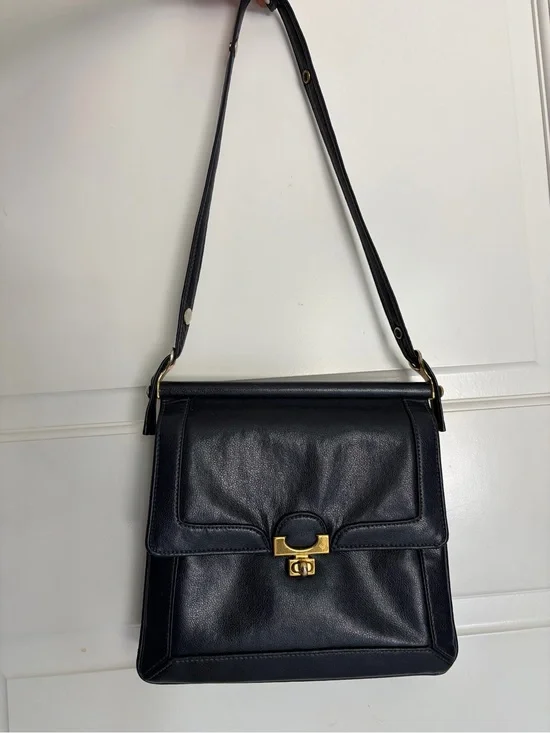 Vintage Dark Blue Leather Shoulder Bag with Gold Hardware
