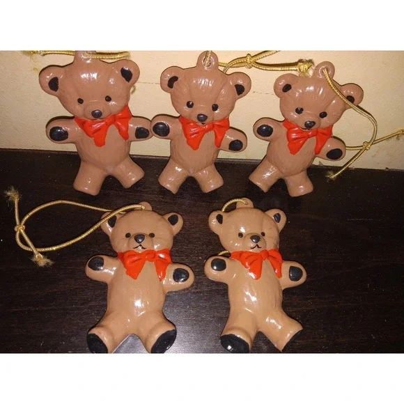 LOT OF 5 VTG Teddy Bear Christmas Ornament Red Bow Ceramic Grandmacore 1980s‎