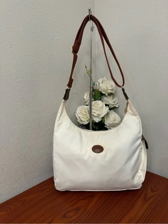 Longchamp White Shoulder Bag with Brown Strap and Trim