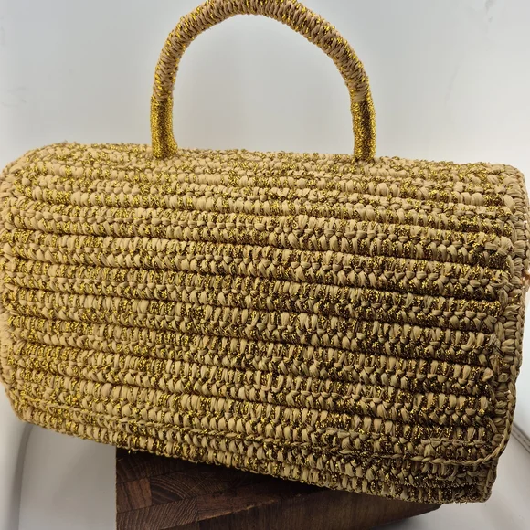 Woven Straw Top-Handle Bag in Gold and Cream